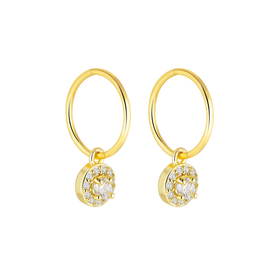 Gold Round Micro Pave Charm Earrings