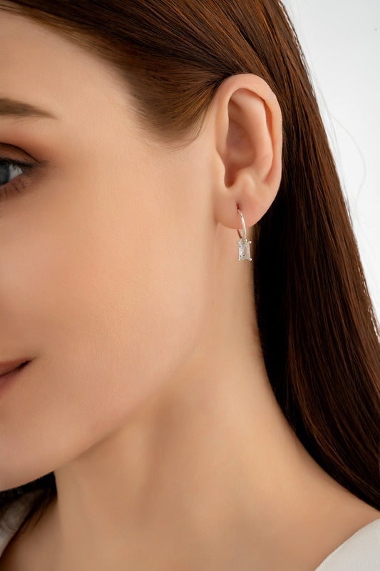 Silver Rectangle CZ Charm Earrings