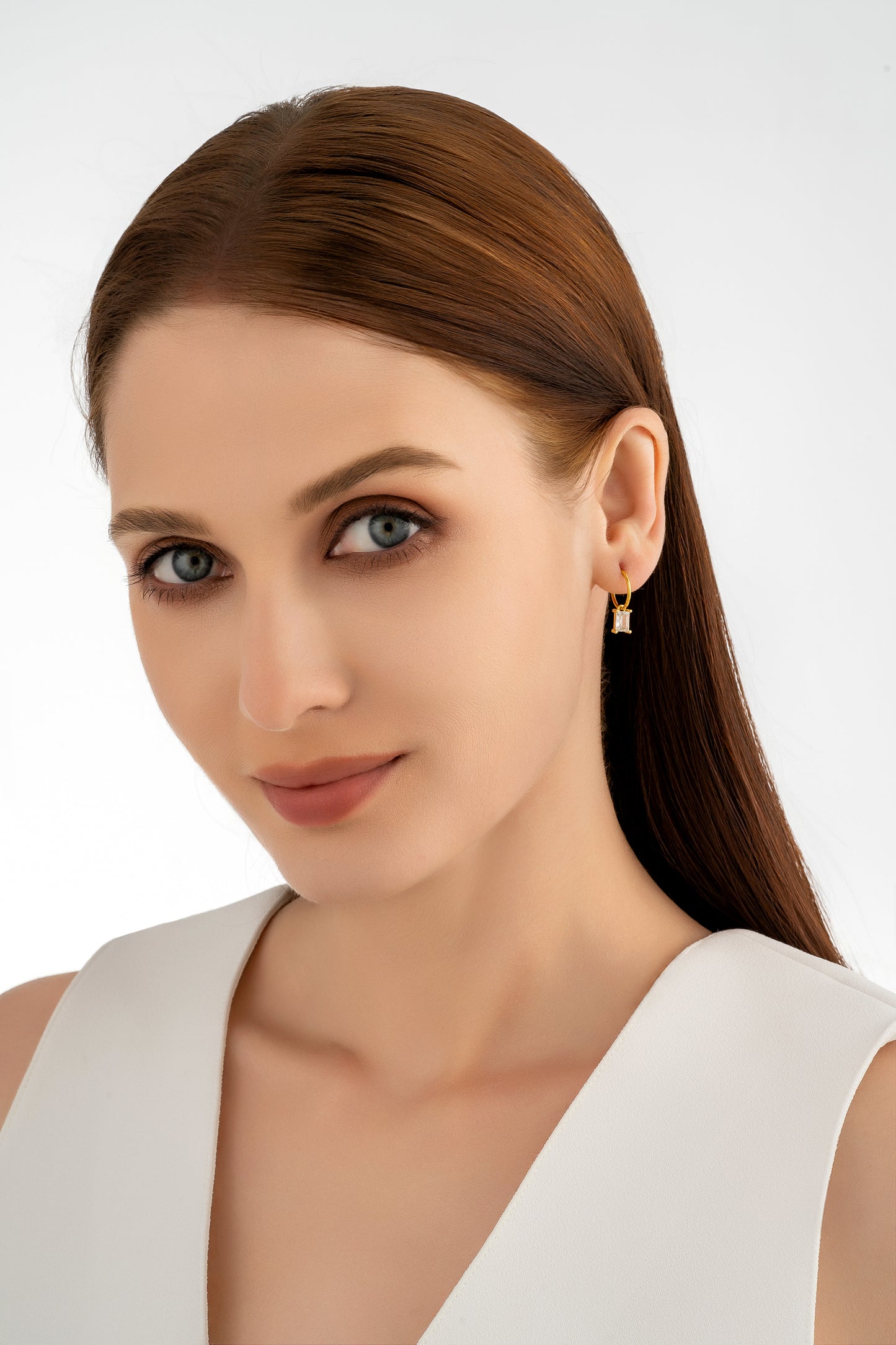 Gold Rectangle CZ Charm Earrings