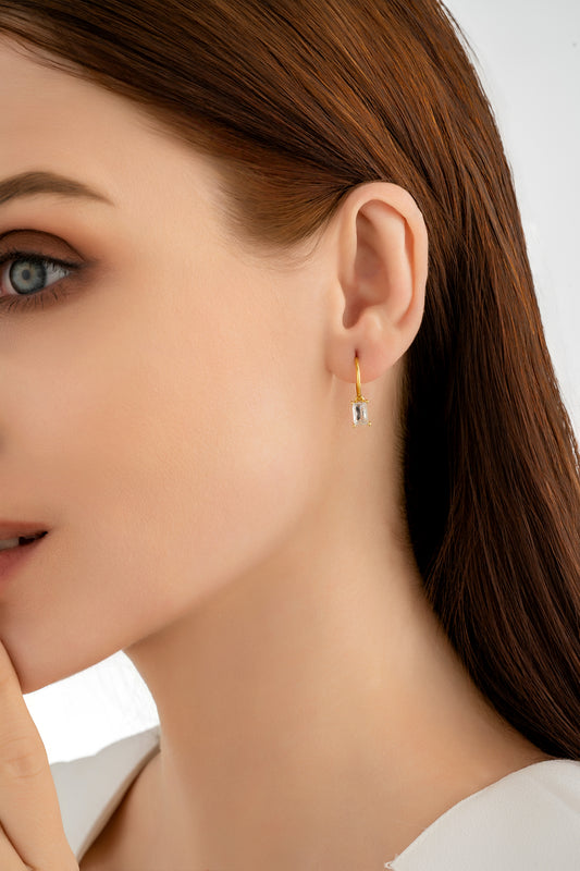 Gold Rectangle CZ Charm Earrings
