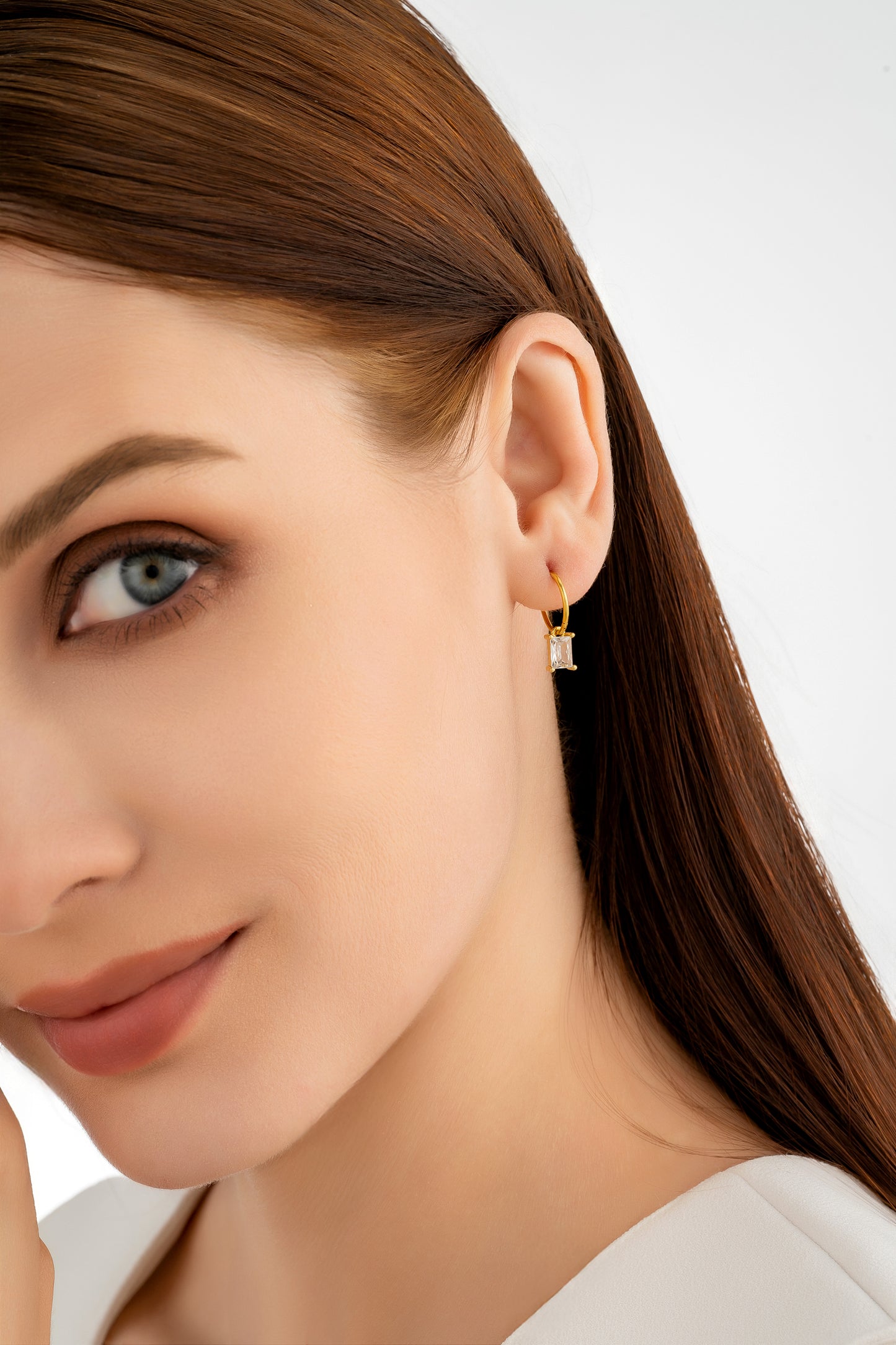 Gold Rectangle CZ Charm Earrings