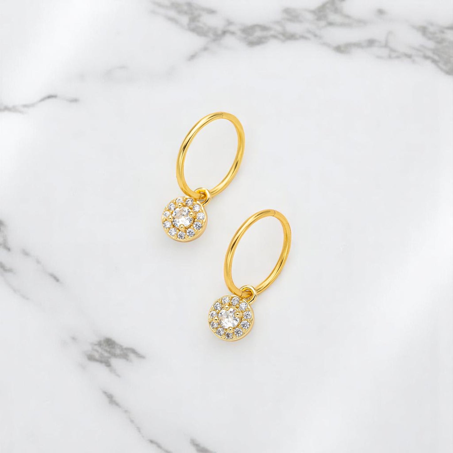 Gold Round Micro Pave Charm Earrings