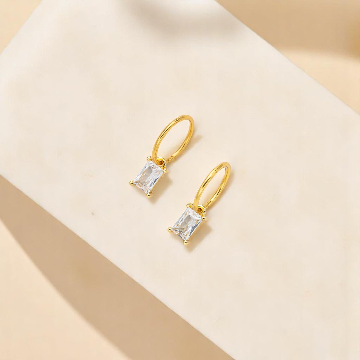 Gold Rectangle CZ Charm Earrings