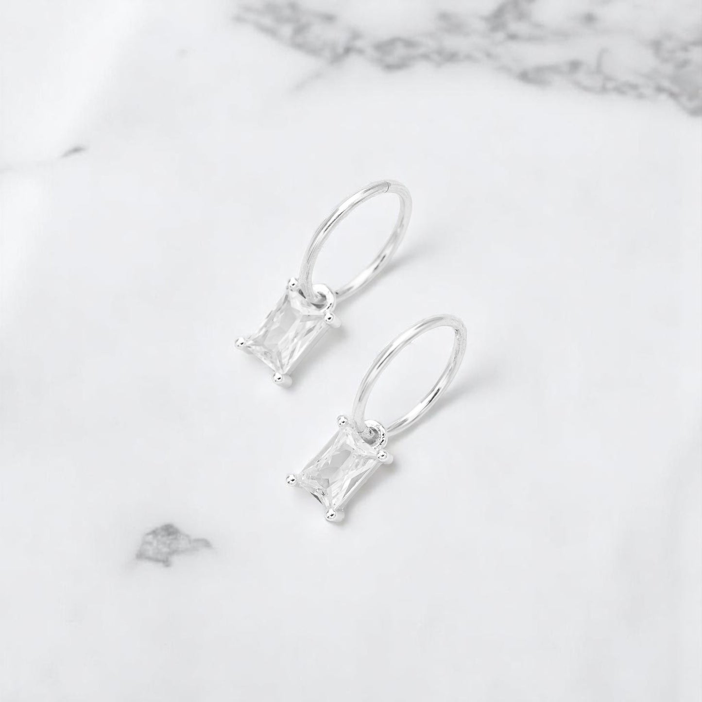 Silver Rectangle CZ Charm Earrings